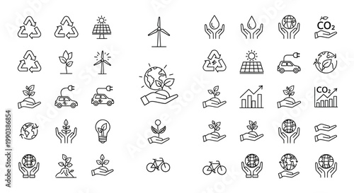 Set of hand drawn ecology and environmental protection line icons.