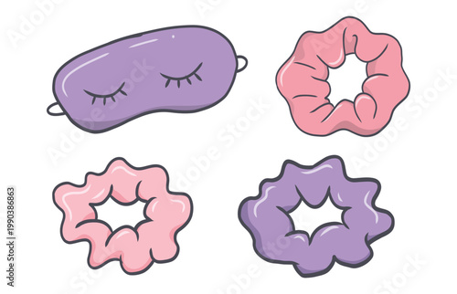 Sleep mask and 90s style hair tie matching scrunchies in pink and purple, cartoon doodle illustration for pajama party, slumber party and cozy accessory sets.