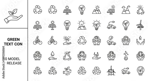 Collection of green ecology and environmental protection line art icons.