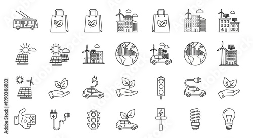 Set of hand drawn eco friendly sustainable living and green energy icons.