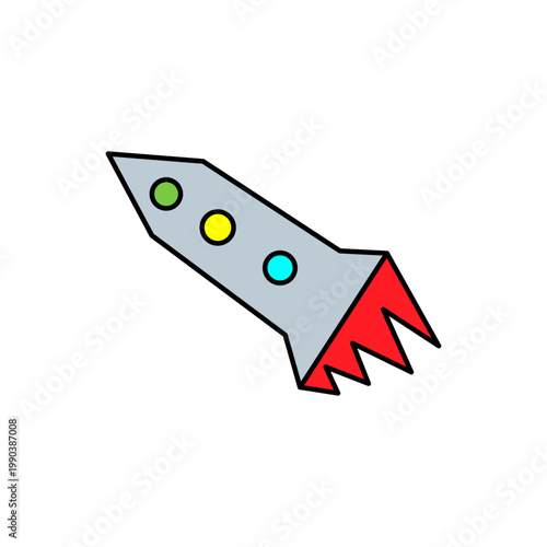 Cartoon Rocket Ship Vector Illustration. Grey spaceship with colorful windows and red fire blast isolated on white. Playful flat design for space travel, start-up, and childhood concepts.