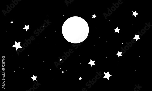 Full Moon and Stars Night Sky Vector. Minimalist white celestial bodies on black background. Simple flat illustration for outer space, midnight, astronomy, and dream concepts