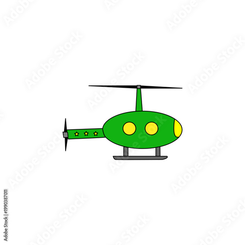 Green Cartoon Helicopter Vector Illustration. Toy chopper with yellow windows and stars on tail, isolated on white background. Playful flat design for kids, aviation, and transport concepts.