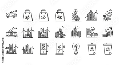 Set of hand drawn eco friendly sustainable living and green energy icons.