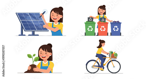 Set of illustrations depicting a young girl engaging in eco-friendly and sustainable lifestyle activities.