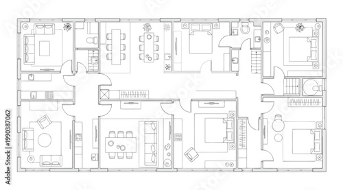 Architectural floor plan of a modern residential house with multiple rooms and furniture layout