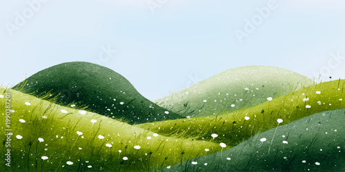 Watercolor grass field with mountains and sky. Spring landscape background featuring green meadows, hills, and clouds in nature scenery vector illustration.