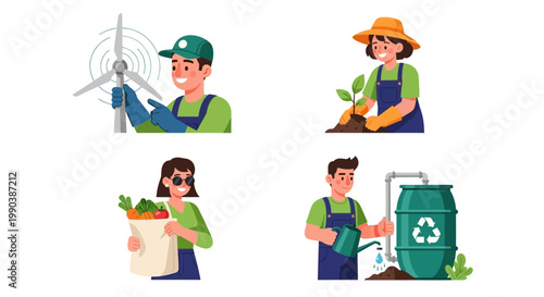 Set of illustrations featuring eco-friendly people engaged in sustainable activities.