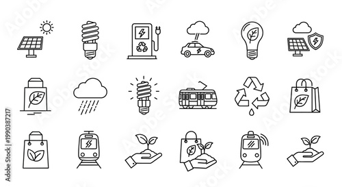 Set of hand drawn ecology and sustainable living icons.