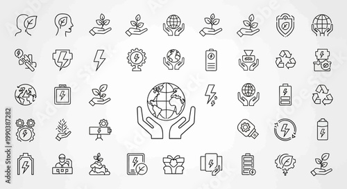 Collection of hand drawn eco friendly and sustainability line icons.