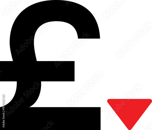 Black and red Pound down - Pound decrease - Pound decline icon on transparent background