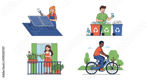 Set of illustrations depicting eco friendly lifestyle habits and sustainable living.