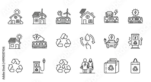 Set of hand drawn eco friendly icons representing sustainability and green energy.