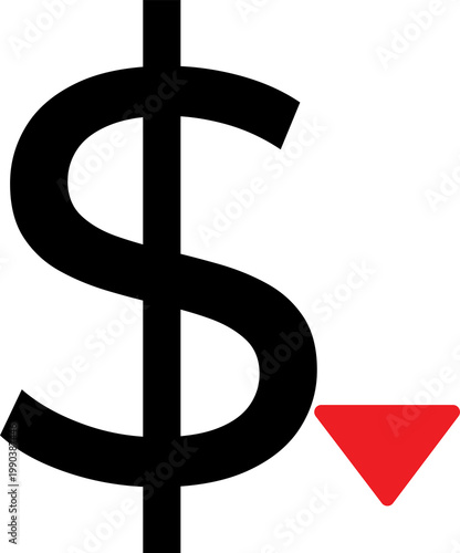 Black and red Dollar down - Dollar decrease - Dollar decline icon on transparent background