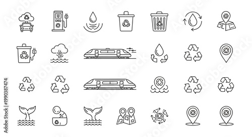 Set of hand drawn environmental and sustainability doodle icons.