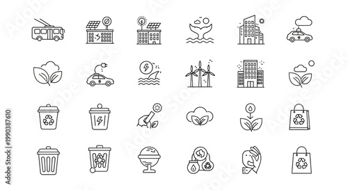 Set of Hand Drawn Eco Friendly and Sustainable Energy Icons.