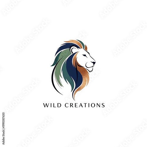 Modern stylized lion head logo with abstract colorful mane on a white background