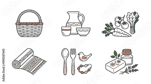Hand Drawn Line Art Set of Rustic Lifestyle Items, Including Basket, Pottery, Fresh Vegetables, Utensils, and Skincare Products on Isolated White Background