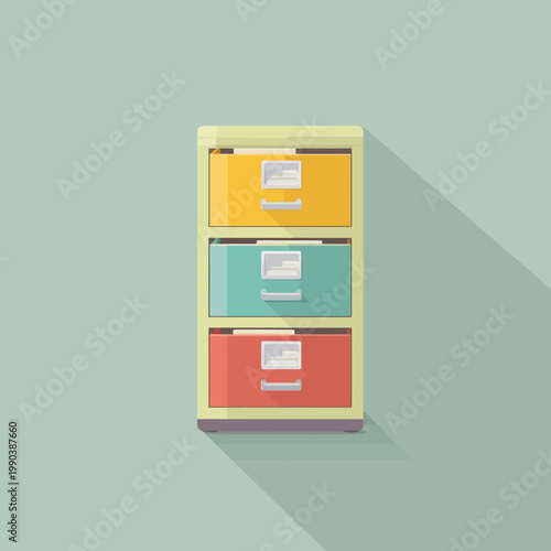 Flat design graphic of a file cabinet in an office storage setting