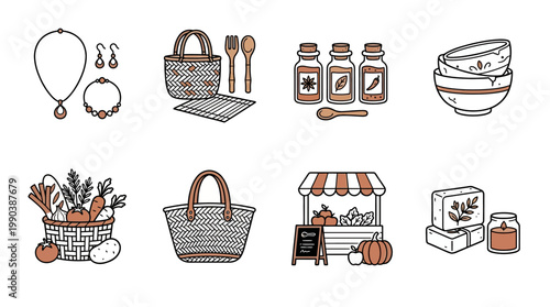 Set of Hand Drawn Doodle Icons with Market Goods, Baskets, Jewelry, and Home Decor on Isolated White Background