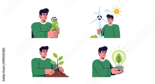 Set of illustrations depicting a man engaged in eco friendly and sustainable activities.