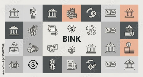 Financial Icons Representing Banking and Money Transactions.