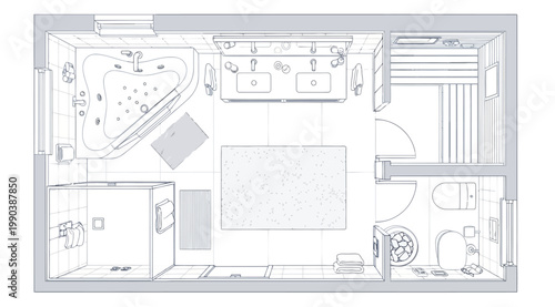 Detailed floor plan of a luxury bathroom with sauna, whirlpool tub, and double vanity