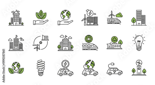 Set of eco friendly sustainability and green energy line art icons.