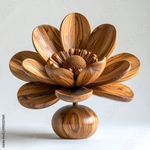 Artistic, handcrafted wooden flower sculpture with layered petals, intricate details, and a spherical base against a white backdrop