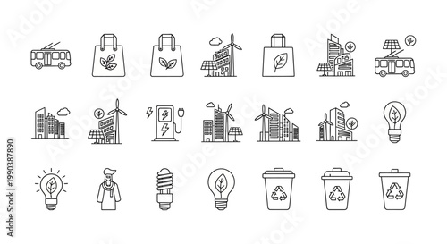 Set of Hand Drawn Eco Friendly and Sustainability Doodle Icons.