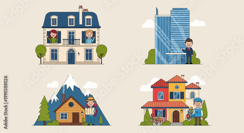 Set of various architectural styles with people in front of buildings.