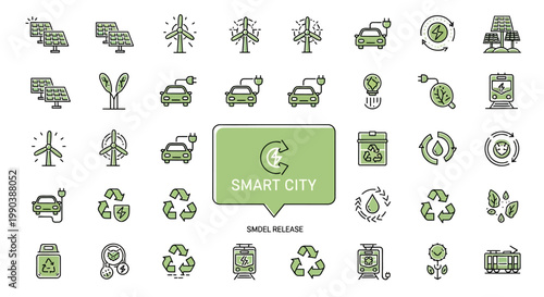 Set of Smart City Eco Friendly and Green Energy Outline Icons.