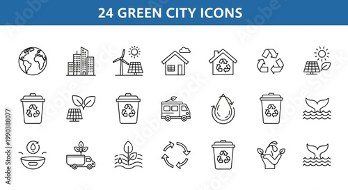 Set of twenty four hand drawn green city icons for sustainable living and eco friendly design.