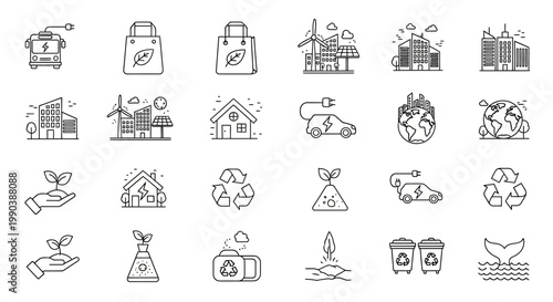 Set of Hand Drawn Eco Friendly and Sustainable Energy Icons.