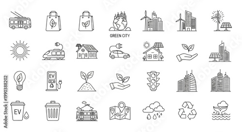 Set of hand drawn eco friendly city and green energy icons.