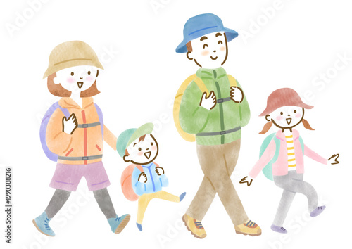 ハイキングをしている４人家族のイラスト