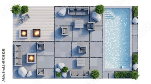 Top view of a modern patio design with swimming pool, fire pits, and outdoor furniture