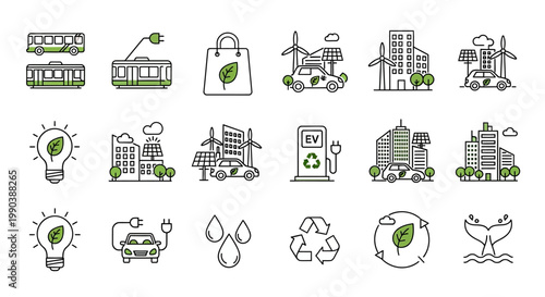 Set of eco friendly sustainability and green energy line icons.
