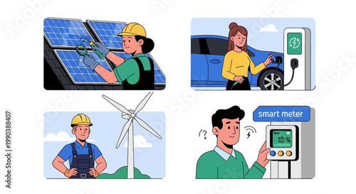 Set of illustrations depicting sustainable energy and technology solutions.