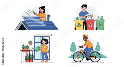 Set of illustrations depicting eco-friendly sustainable lifestyle activities.