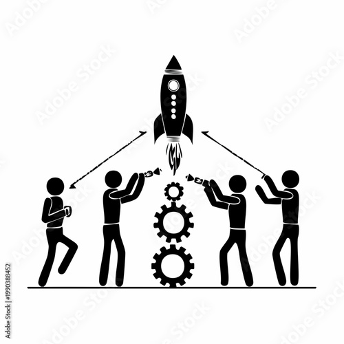 Launch of Innovation: A creative illustration showing a team of individuals collaborating to launch a rocket, symbolizing the beginning of a new venture and the power of teamwork.