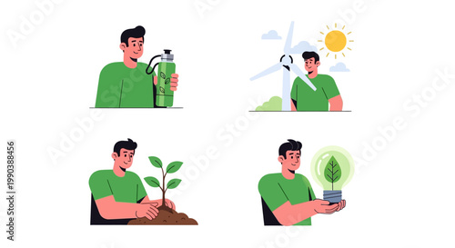 Set of illustrations depicting a man actively participating in environmental conservation and sustainability initiatives.