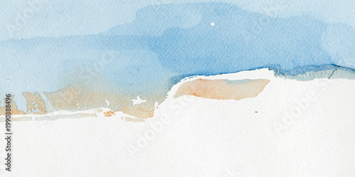 Abstract watercolor painting on an old grunge wall featuring a blue sky background with frozen winter snow texture and white frost patterns