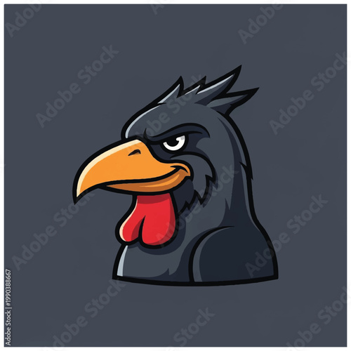 Cartoon angry black rooster head.