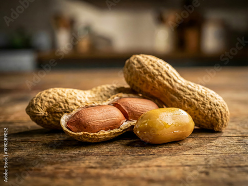 Whole and cracked peanuts with kernels on a rustic wooden table in a kitchen setting