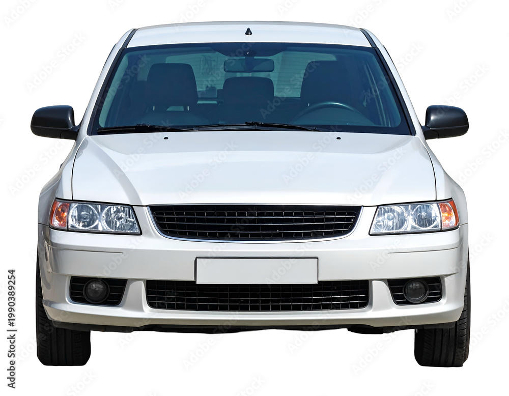 Fototapeta premium White sedan, front view, headlights, grille, windshield