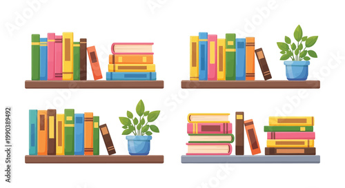 Collection of colorful vector illustrations featuring books on shelves with potted plants and decorative elements