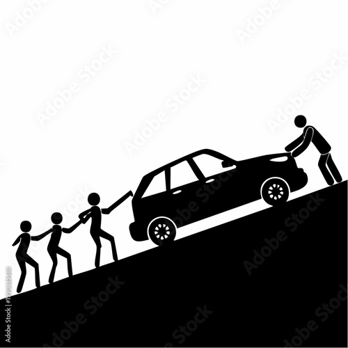 Teamwork Ascent: A determined team of individuals, working in unison, strive to push a vehicle uphill, embodying the spirit of collaboration and perseverance in overcoming challenges.