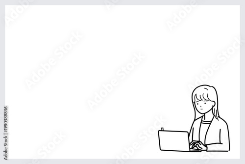 コピースペースのある会議前にパソコンで準備する女性（通常運転)（線画）
