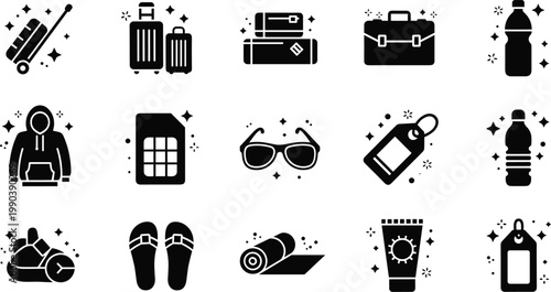 Travel Packing Essential Icon Set with Suitcase Briefcase Hoodie Sunglasses Slippers and Sunscreen in Silhouette Style